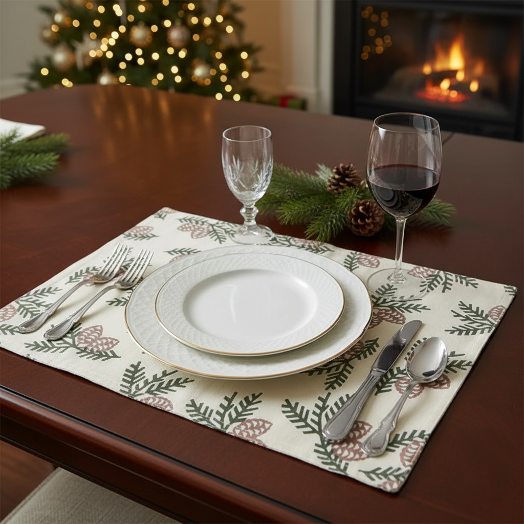 Pinecone Cotton Placemat – Set of 12, Festive Dining Table Mats