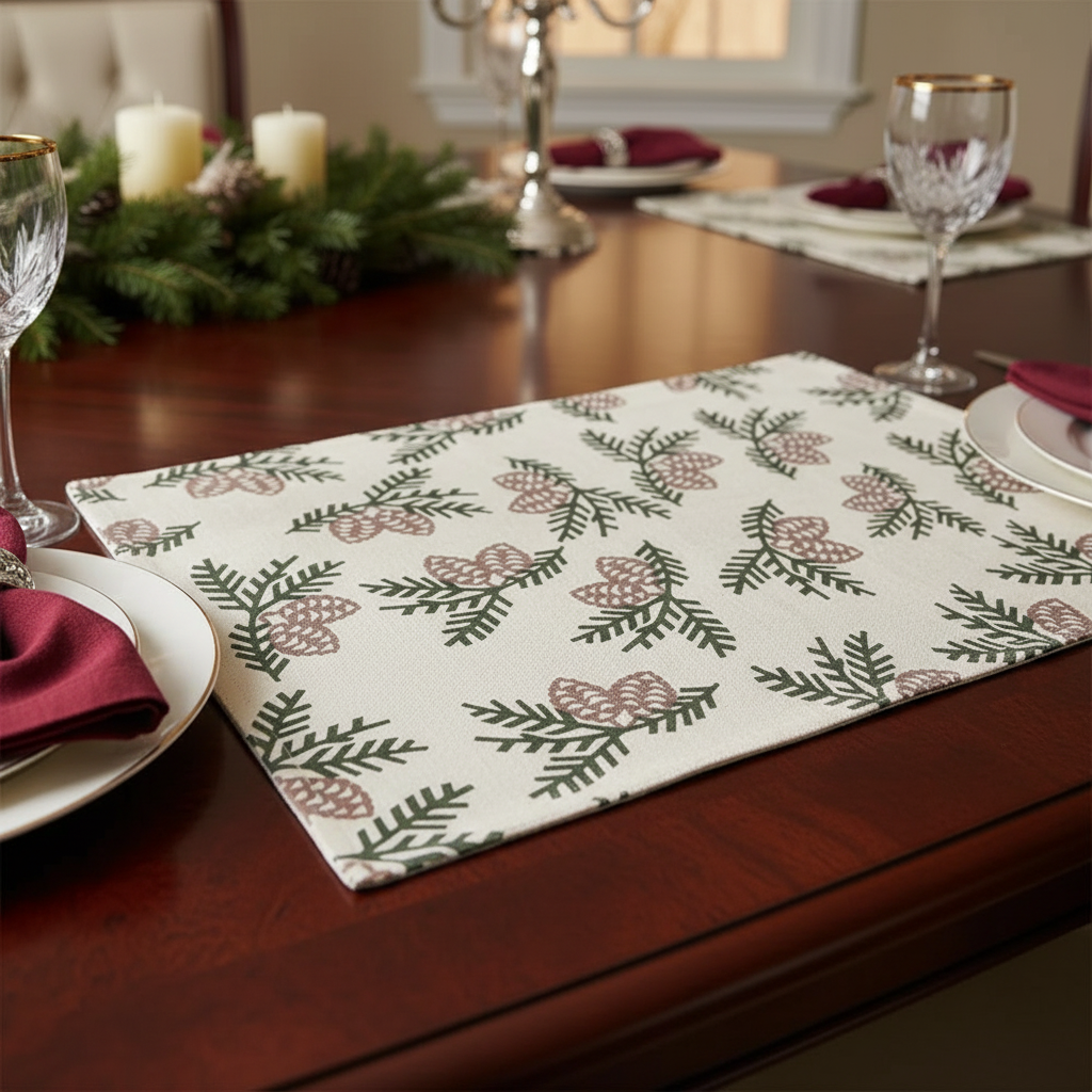 Pinecone Cotton Placemat – Set of 12, Festive Dining Table Mats