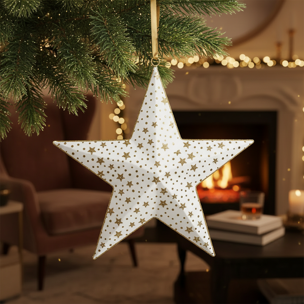 Large White & Gold Star Christmas Ornament – Holiday Tree Decoration
