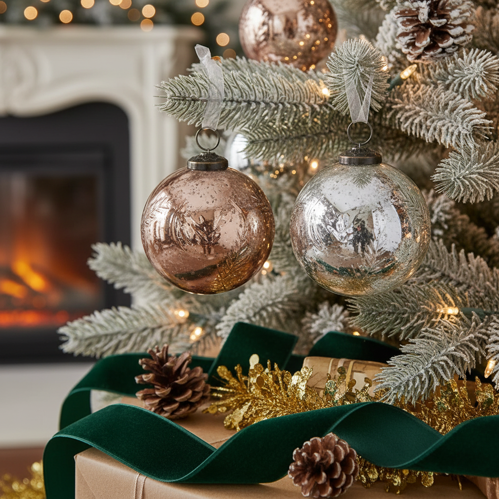 4 Inch Embossed Leaf Glass Christmas Ornament Bronze and Mercury Holiday Tree Decorations - Set of 4