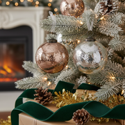 4 Inch Embossed Leaf Glass Christmas Ornament Bronze and Mercury Holiday Tree Decorations - Set of 4