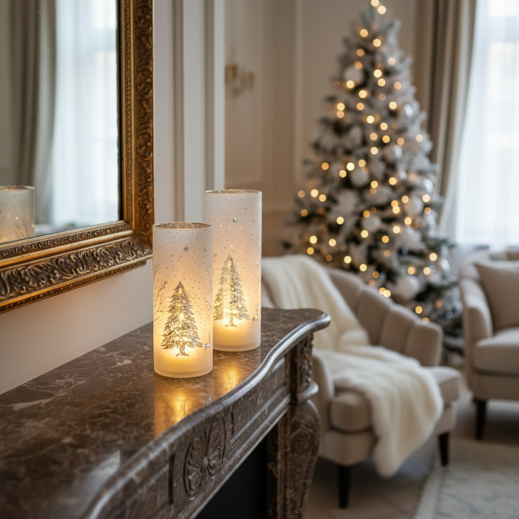LED Cylinder Glass Stand Tree Design White Decorative Candle Holder - Set of 2