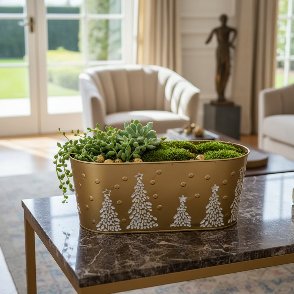 Metal Gold Embossed Tree Oval Planter 15 Inch Decorative Plant Pot