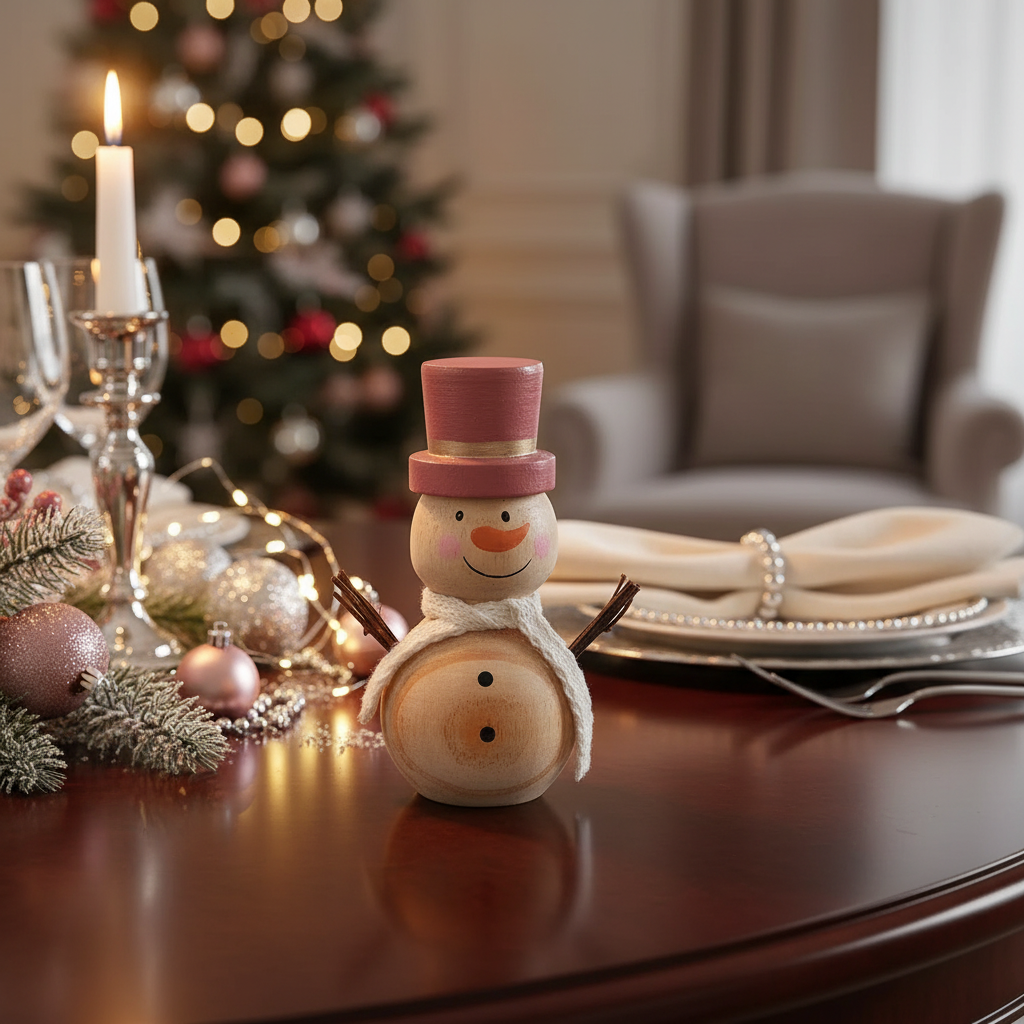 Wooden Snowman with Pink Hat Christmas Decor – Holiday Table Decoration