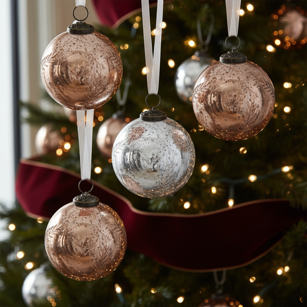 4 Inch Embossed Leaf Glass Christmas Ornament Bronze and Mercury Holiday Tree Decorations - Set of 4