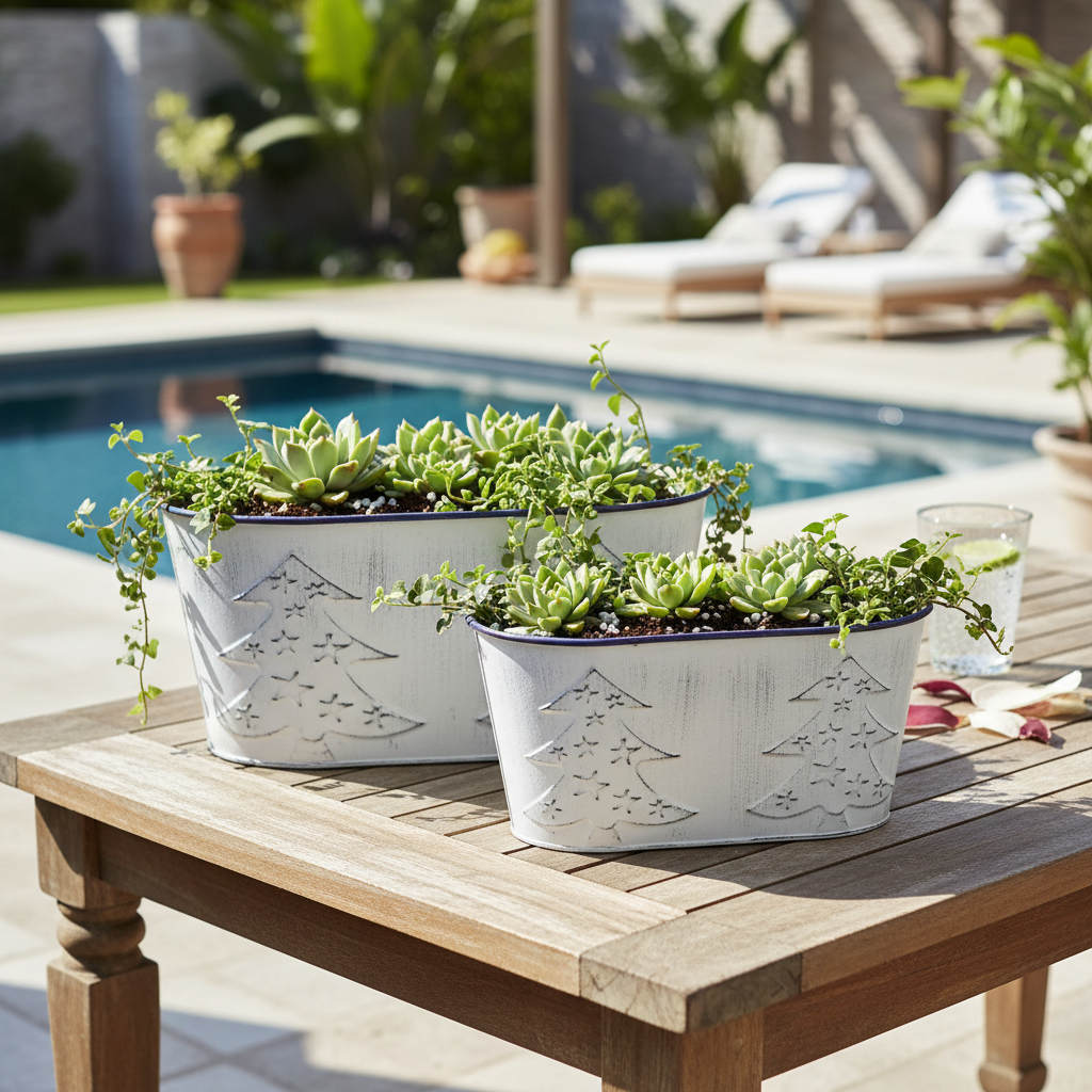 White Metal Oval Planter with Embossed Trees – Set of 2, Indoor/Outdoor Decor