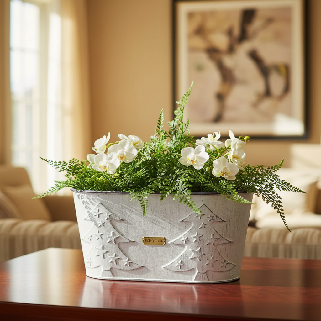 White Metal Oval Planter with Embossed Trees – Set of 2, Indoor/Outdoor Decor