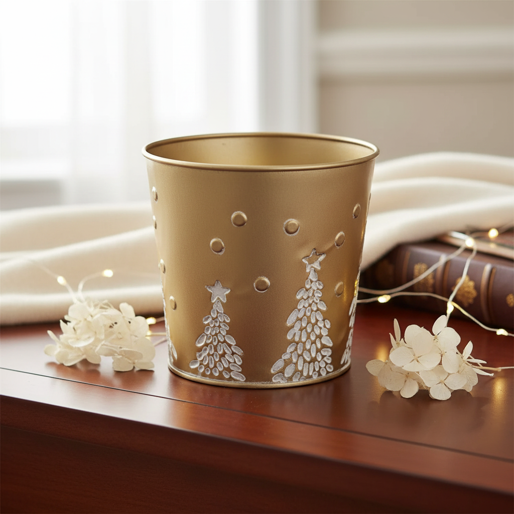 Metal Gold Embossed Tree Round Planter 6.25 Inch Decorative Plant Pot