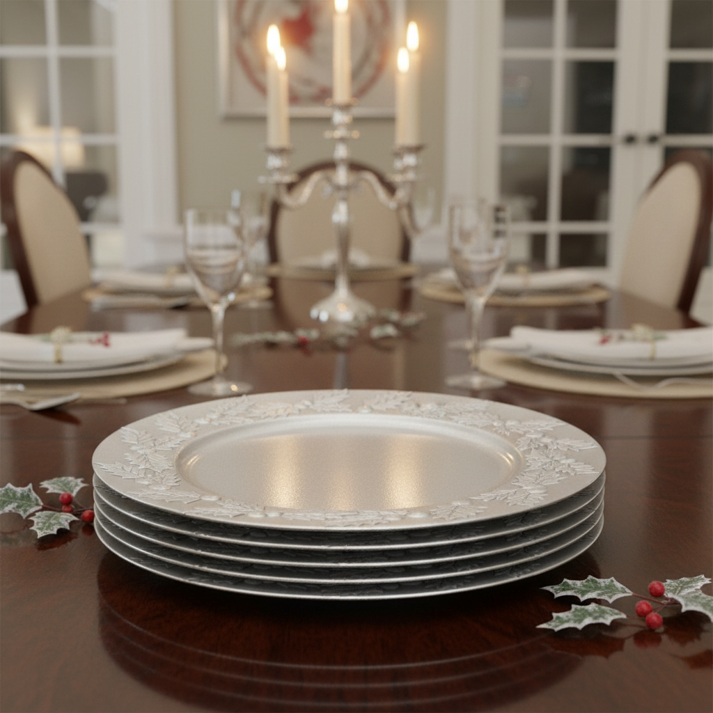 13 Inch Charger Plate Hollyberries Silver Decorative Dining Charger - Set of 6