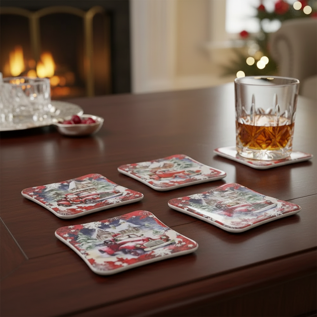 Square Ceramic Car And Santa Drink Coasters, Christmas Table Decor, Holiday Coasters - Set Of 4