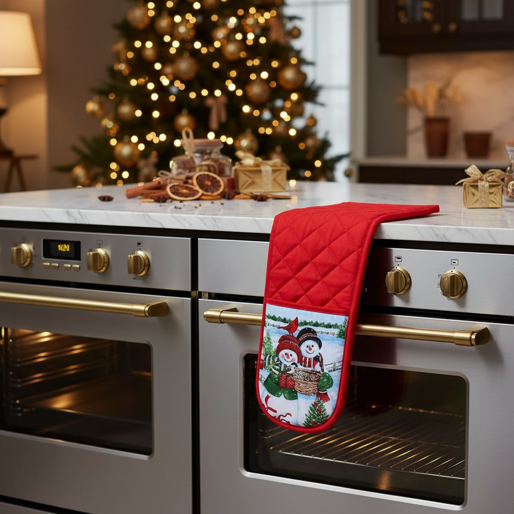 Christmas Double Oven Mitt Snowman Couple Set Of 2, Holiday Kitchen Gloves, Festive Cooking Accessory