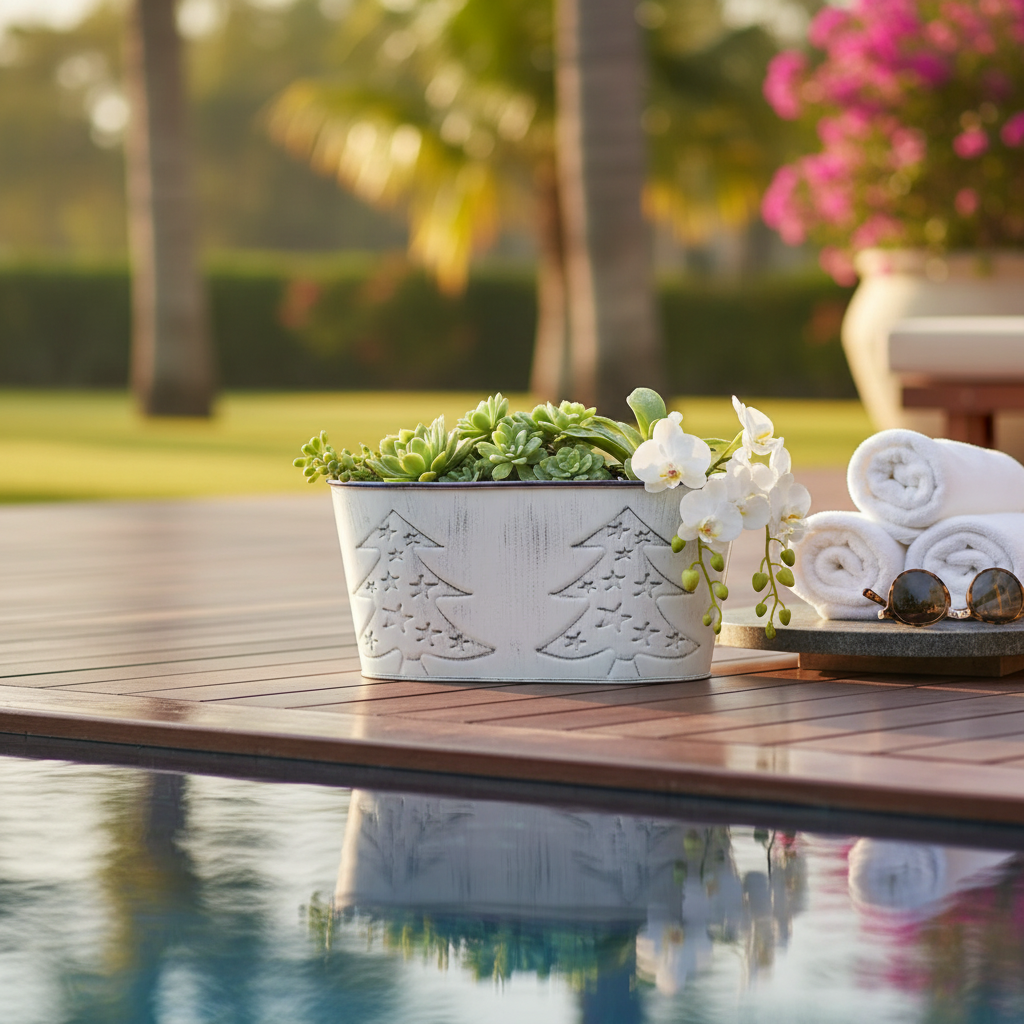 White Metal Oval Planter with Embossed Trees – Set of 2, Indoor/Outdoor Decor