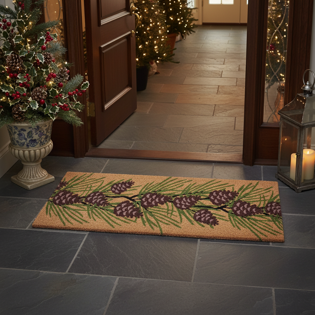 Christmas Coir Door Mat Pinecones 16x48 Inch, Holiday Entryway Mat, Festive Home Decor