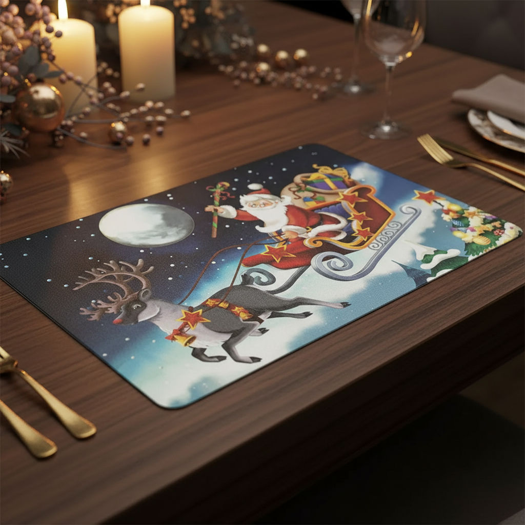 EVA Placemat Santa On Sleigh 12 X 18 Christmas Dining Table Mats - Set of 12
