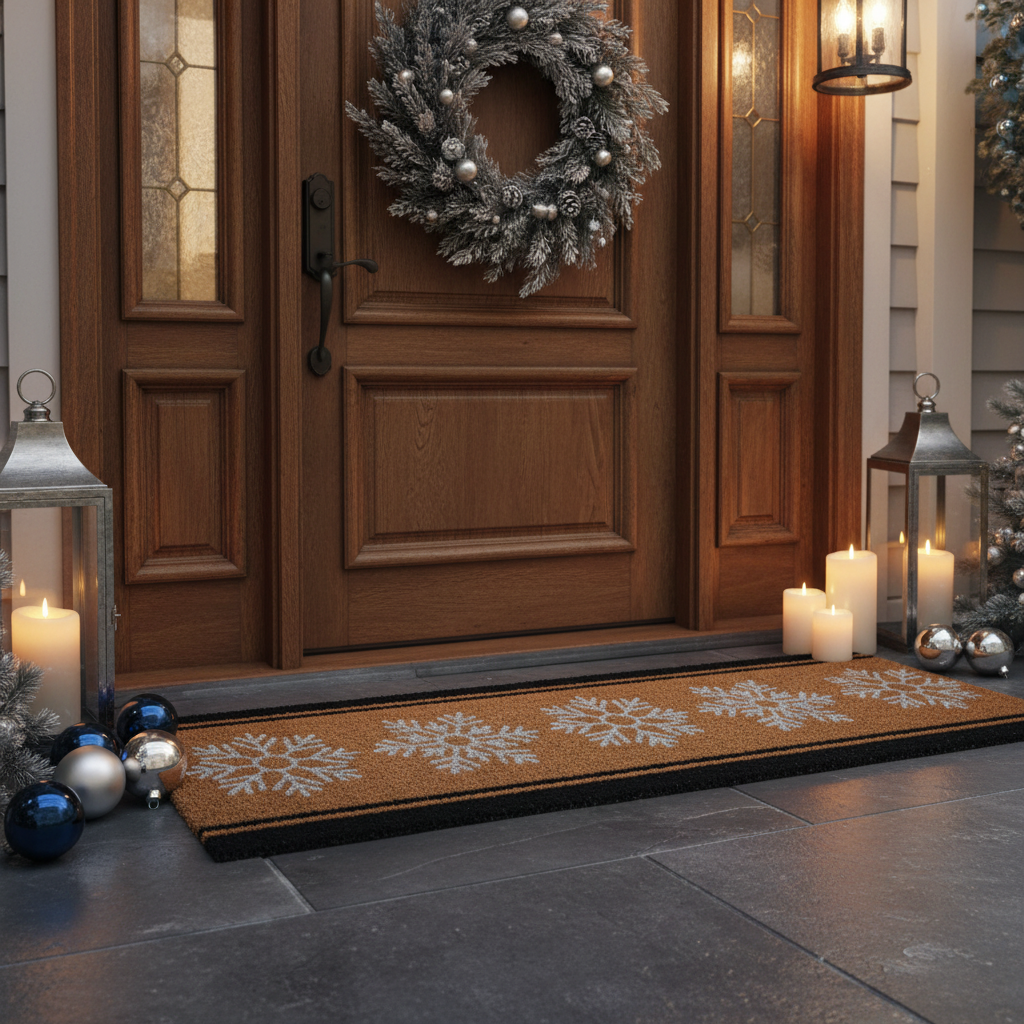 Christmas Coir Door Mat Snowflakes 16x48 Inch, Holiday Entryway Mat, Festive Home Decor