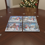 Square Ceramic Snowman Trivet, Heat Resistant Kitchen Trivet, Christmas Kitchen Decor - Set Of 4