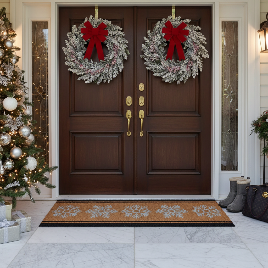 Christmas Coir Door Mat Snowflakes 16x48 Inch, Holiday Entryway Mat, Festive Home Decor