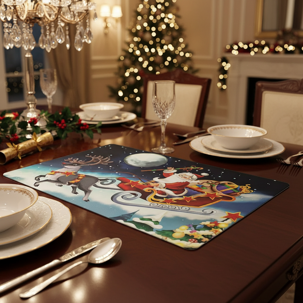 EVA Placemat Santa On Sleigh 12 X 18 Christmas Dining Table Mats - Set of 12