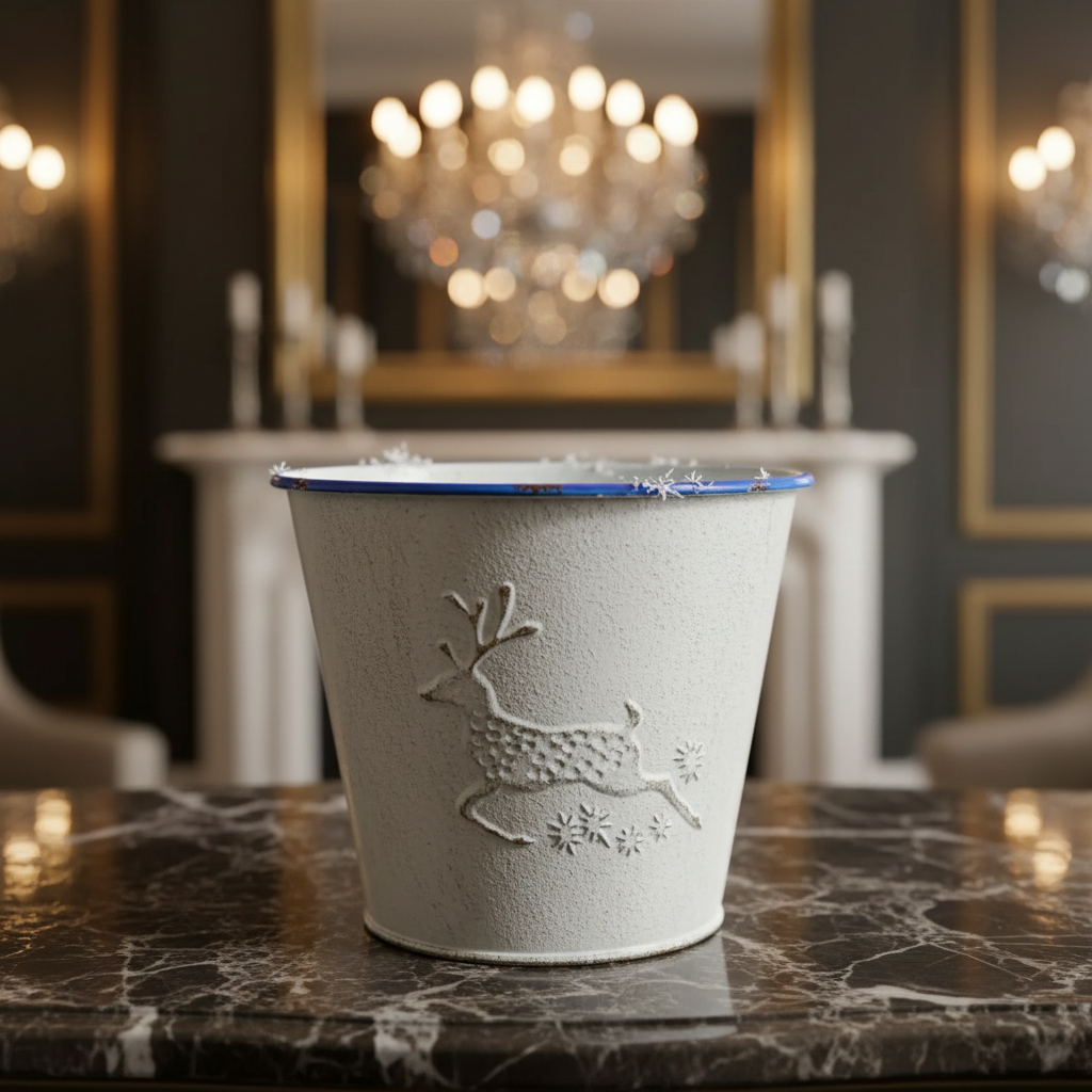 White Metal Round Planter with Embossed Reindeer – Set of 2, Holiday Indoor Planter