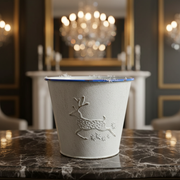 White Metal Round Planter with Embossed Reindeer – Set of 2, Holiday Indoor Planter