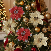 Glitter Edged Poinsettia Clip Set of 6, Christmas Tree Flower Clip, Holiday Ornament Clip