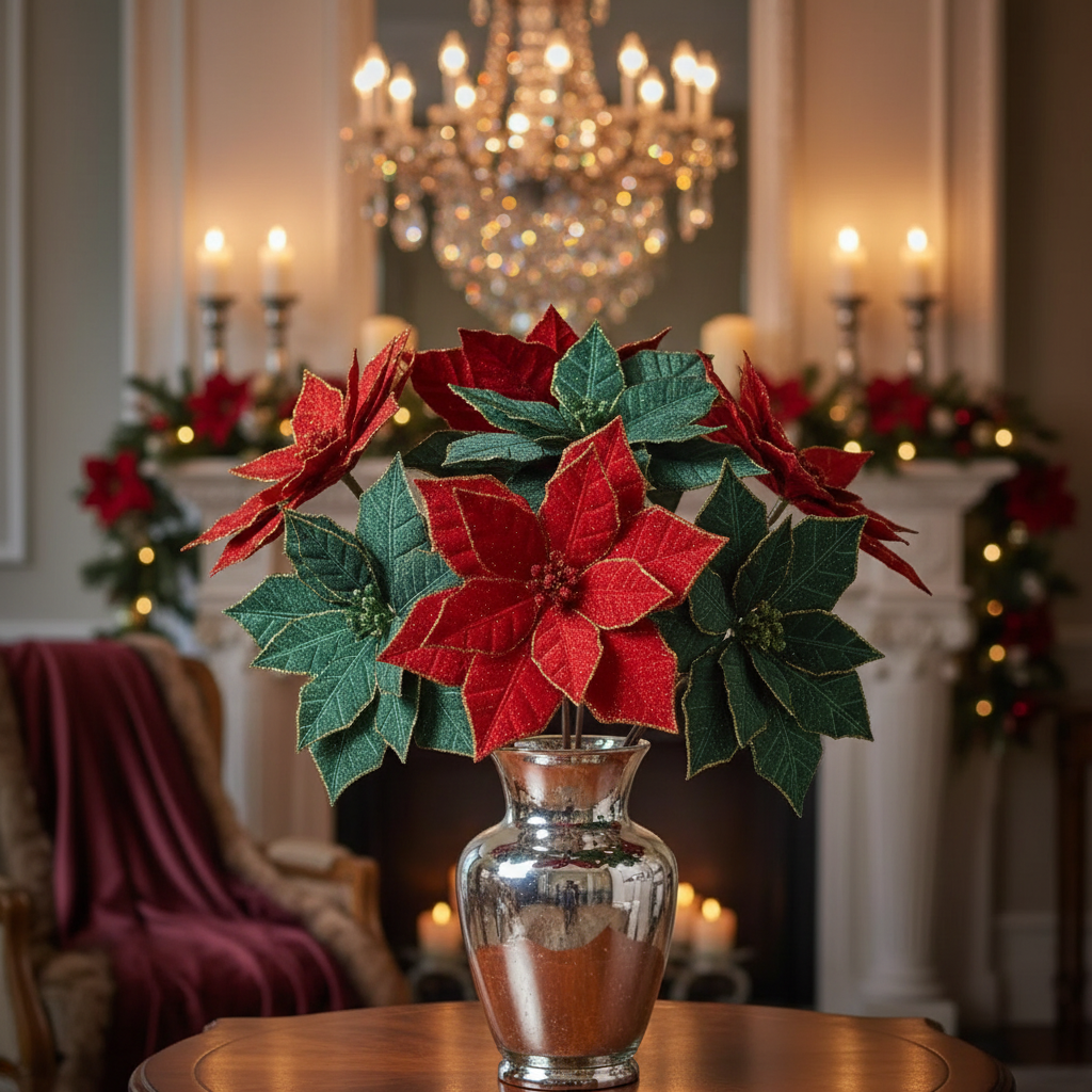 Glitter Edged Poinsettia Spray Set of 6, Christmas Poinsettia Spray, Holiday Floral Decoration