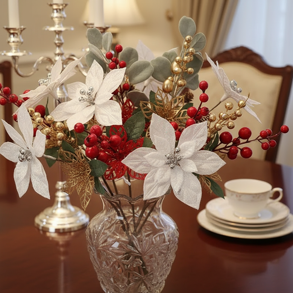 White Poinsettia Pick Set of 12, Christmas Floral Pick, Holiday Flower Decoration