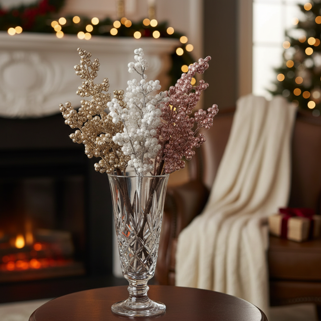 Berry Bush Spray Set of 6, Christmas Berry Floral Spray, Holiday Decor Stem
