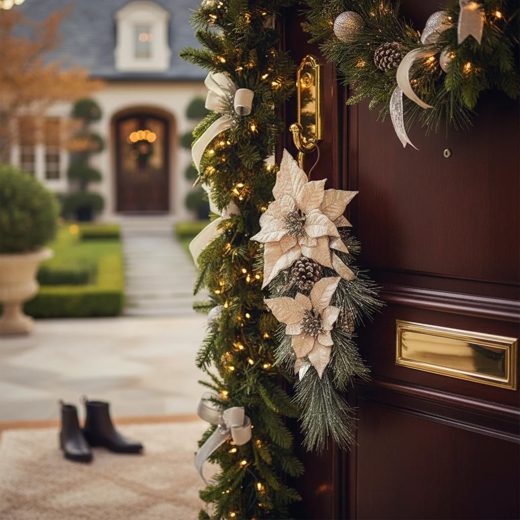 Poinsettia And Pinecone Door Hanger, Christmas Door Decor, Holiday Entryway Decoration