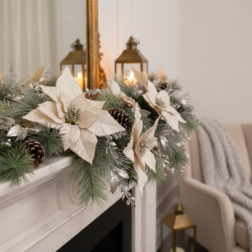 Poinsettia And Pinecone Garland, Christmas Garland, Holiday Mantel Garland Decor