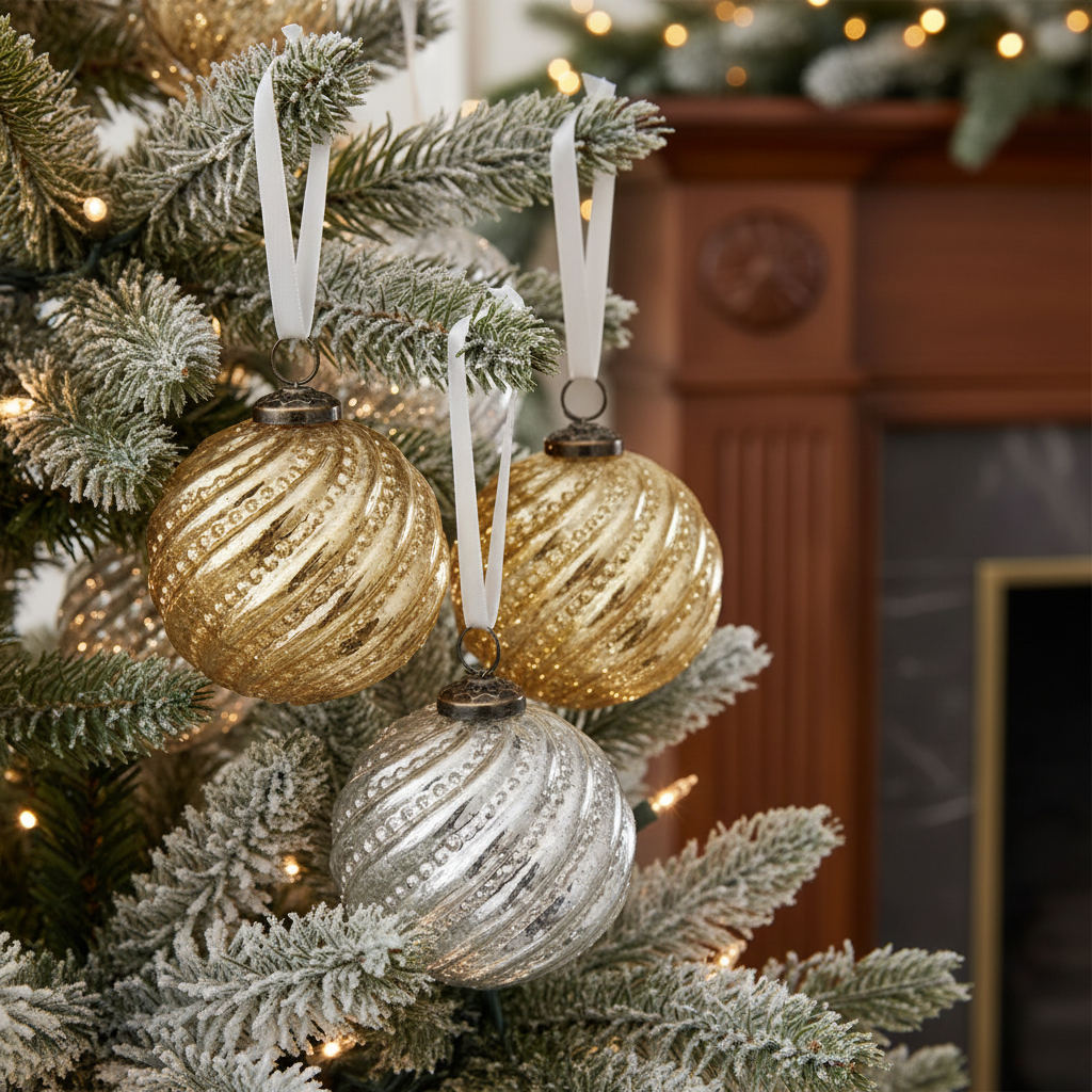 4 Inch Glass Swirl Ornament Gold and Silver Christmas Tree Decorations - Set of 4