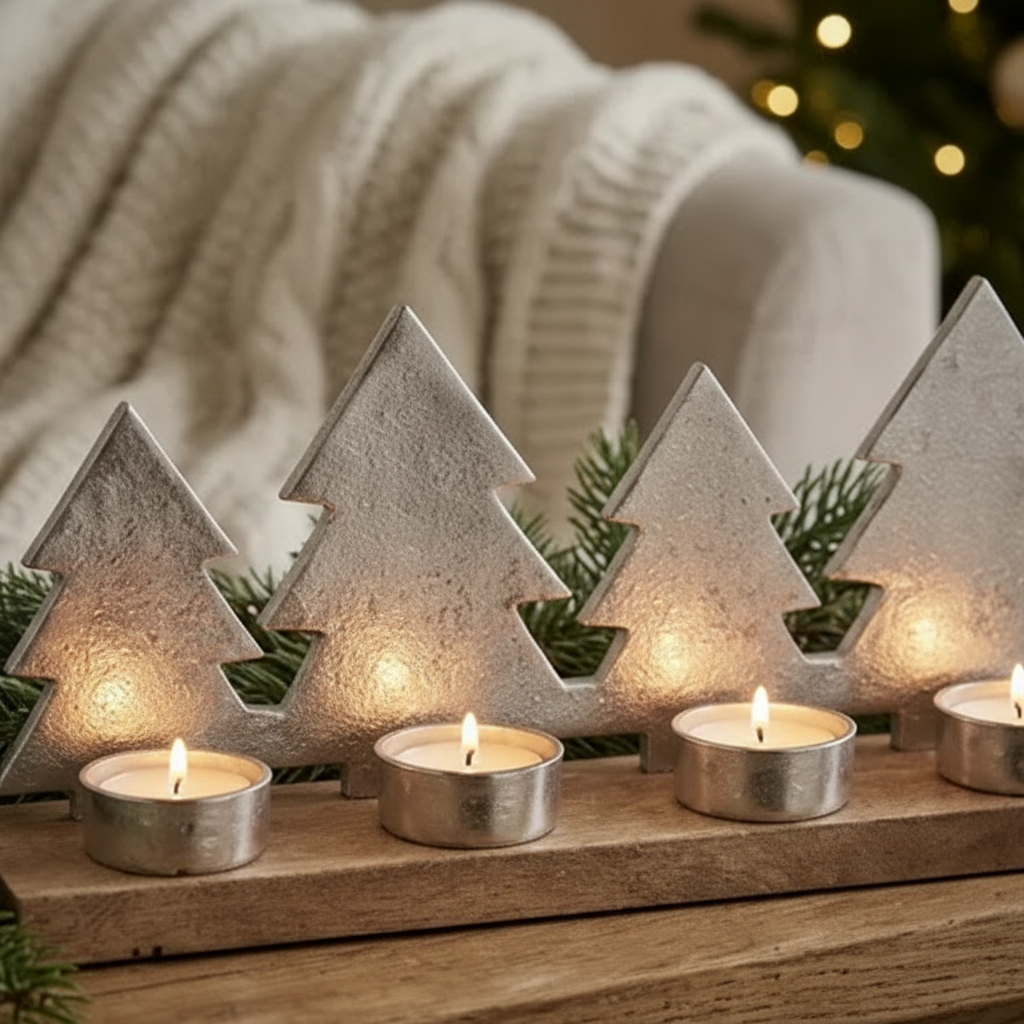Christmas Metal Star Tree 4 Tealight Holder Silver, Holiday Table Decor, Festive Candle Accent
