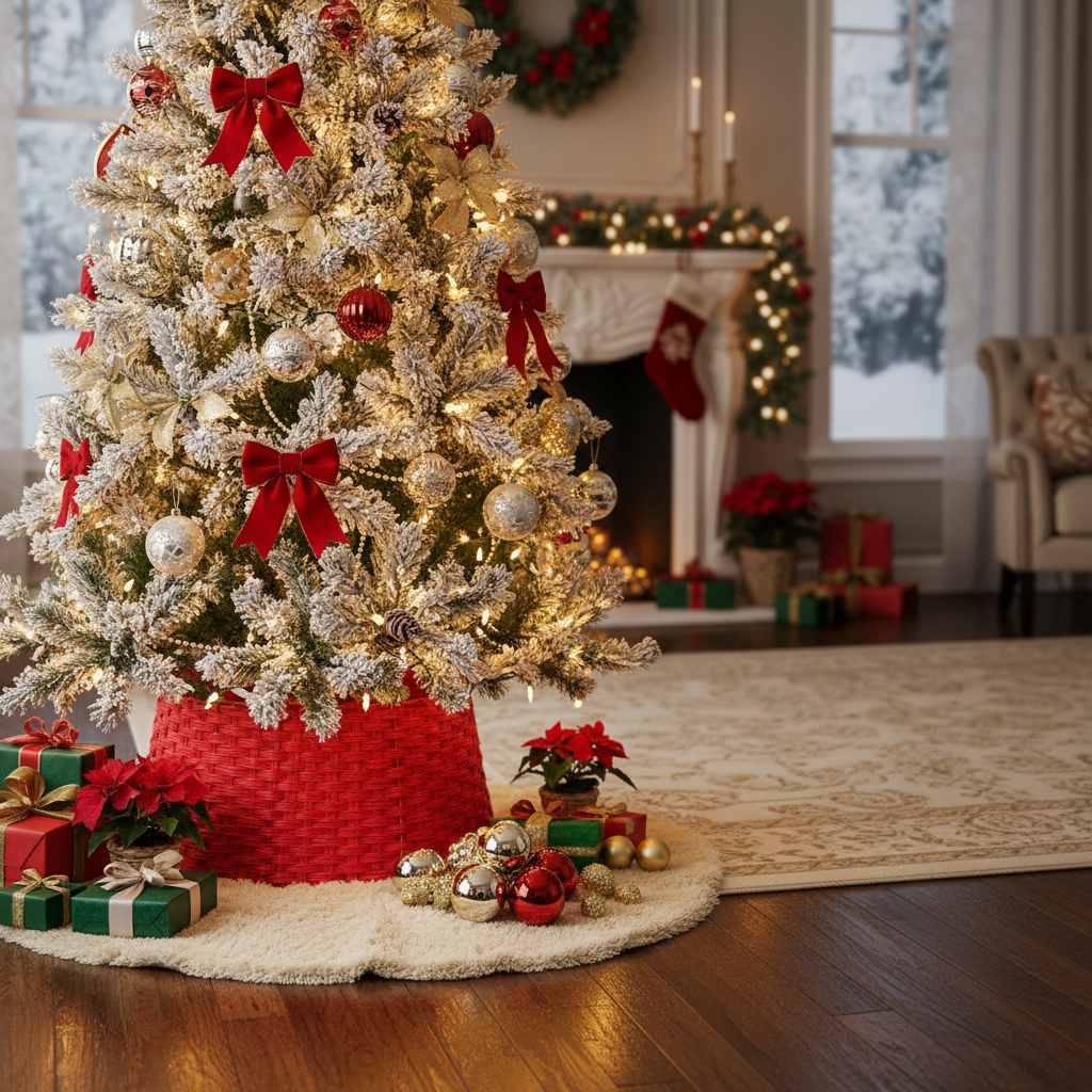 Christmas Basketweave Tree Collar Red, Festive Holiday Decor, Christmas Tree Skirt Accent