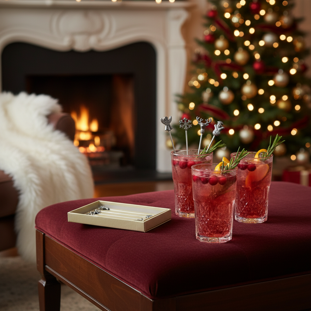 Christmas Set Of 6 Assorted Swizzle Sticks, Holiday Drink Accessories, Festive Party Decor