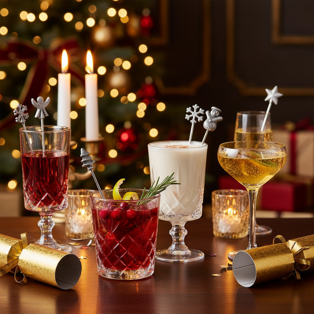 Christmas Set Of 6 Assorted Swizzle Sticks, Holiday Drink Accessories, Festive Party Decor