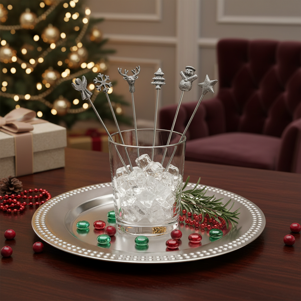 Christmas Set Of 6 Assorted Swizzle Sticks, Holiday Drink Accessories, Festive Party Decor