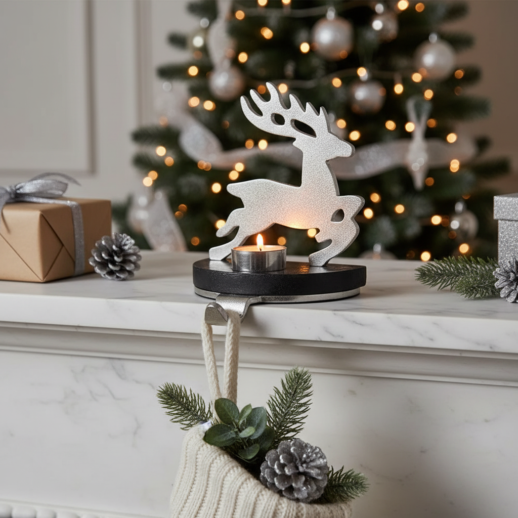 Christmas Reindeer Tealight Stocking Holder Silver, Holiday Table Decor, Festive Accent