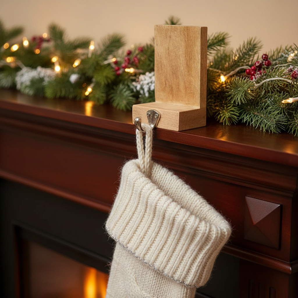 Christmas Natural Wood Stocking Holder, Holiday Mantel Decor, Rustic Christmas Accent
