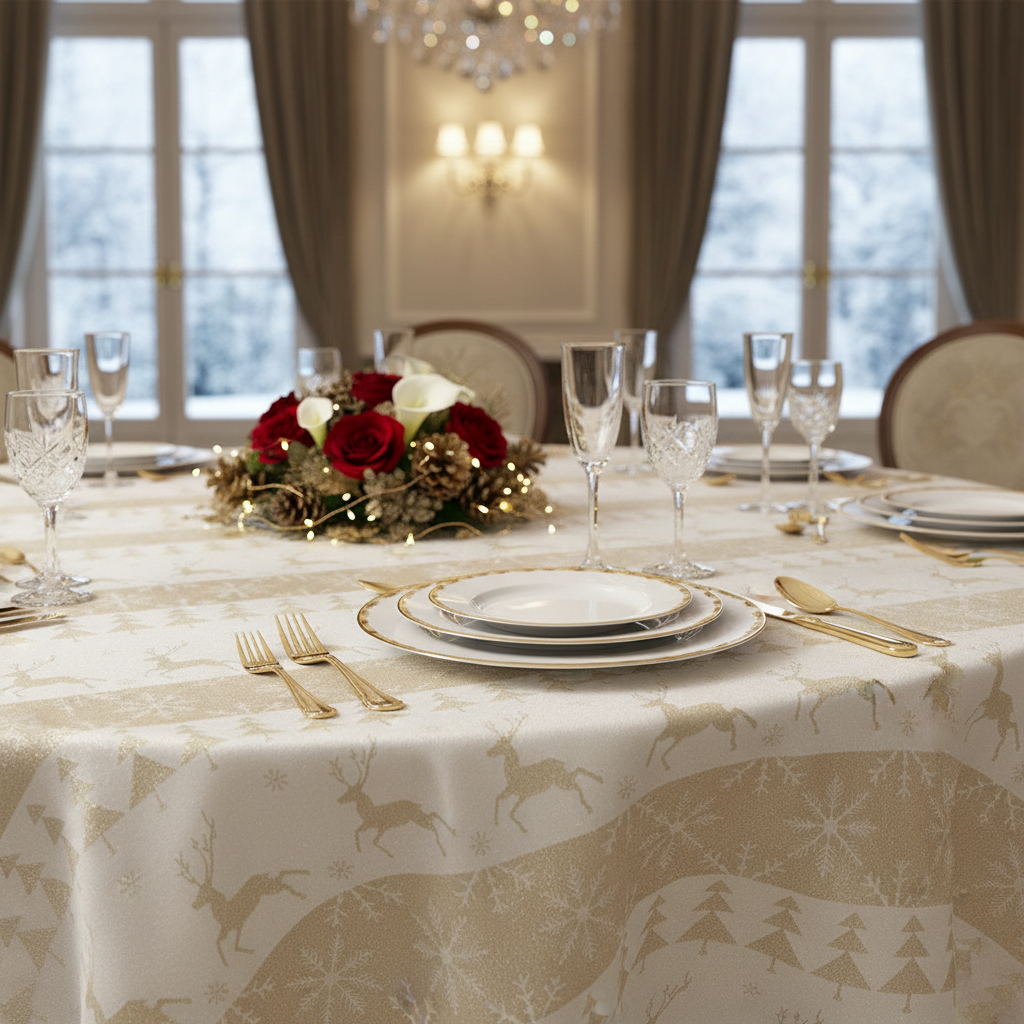 Lurex Round Tablecloth 60 Inch Gold Jumping Reindeers Holiday Table Cover