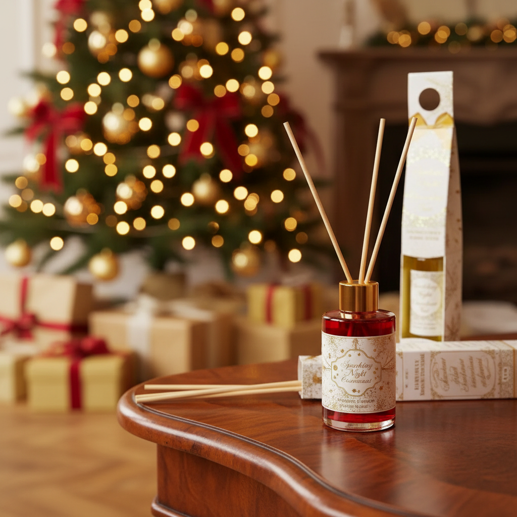 Christmas Gold Reed Diffuser 30 Ml Set Of 4, Holiday Fragrance, Festive Home Decor