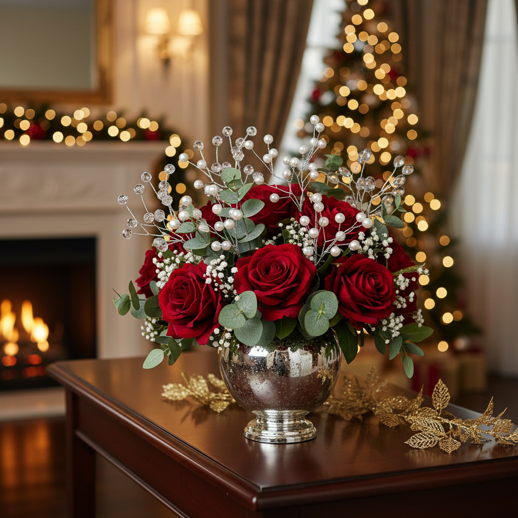 Christmas Pearl Crystal Pick Set Of 10, Holiday Floral Decor, Festive Home Accent