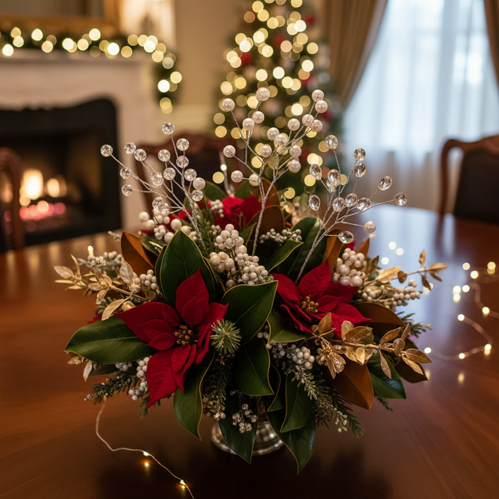 Christmas Pearl Crystal Pick Set Of 10, Holiday Floral Decor, Festive Home Accent