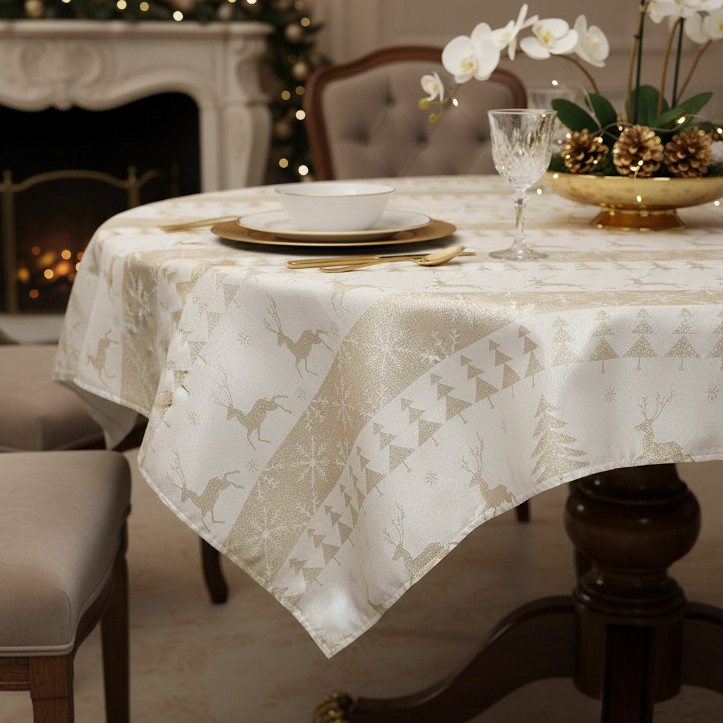 Lurex Round Tablecloth 60 Inch Gold Jumping Reindeers Holiday Table Cover