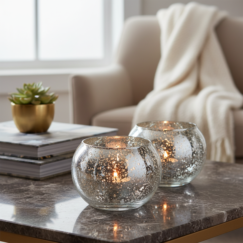 Mercury Curved Tealight Holder Silver Set Of 2, Decorative Candle Holder, Home Accent