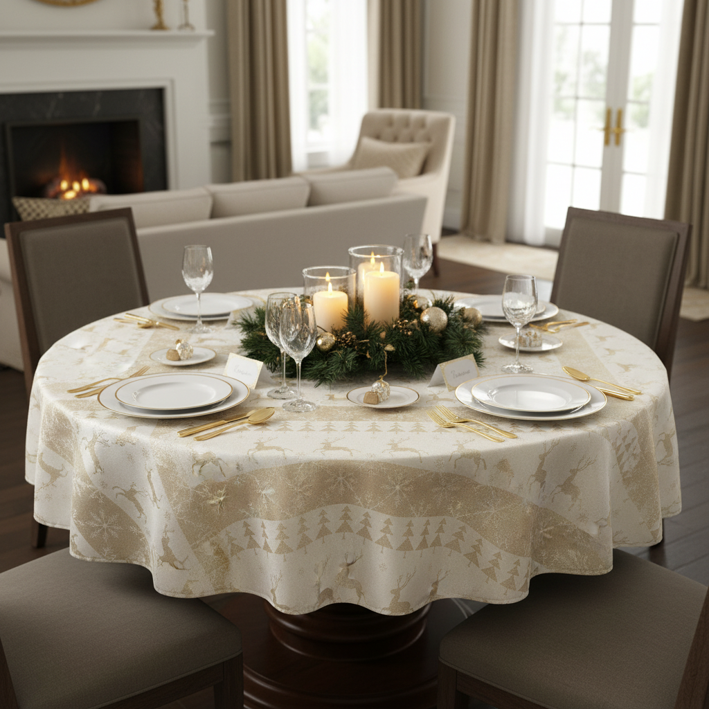 Lurex Round Tablecloth 60 Inch Gold Jumping Reindeers Holiday Table Cover