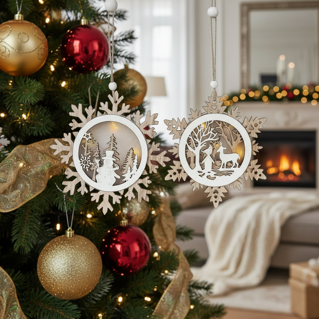 LED Wooden Snowflake Scenic Christmas Ornament Set of 12 – Holiday Decor