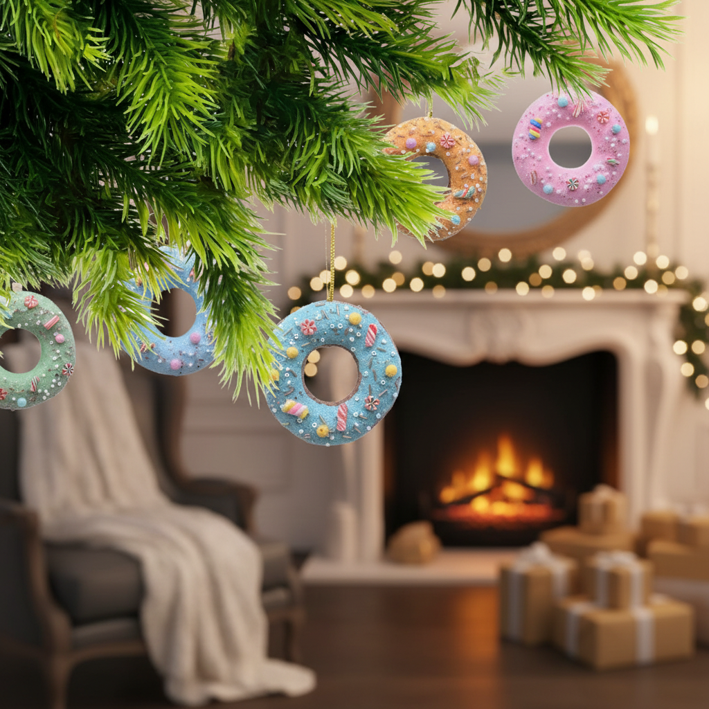 Doughnut Christmas Ornament, Dessert Christmas Tree Ornament, Hanging Holiday Tree Decoration - Set Of 10