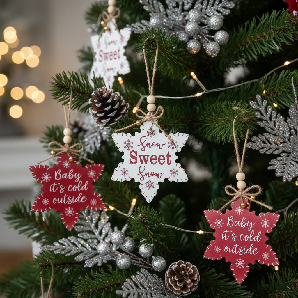 Flat Star Shape Christmas Ornament with Text Set of 12 – Holiday Tree Decoration