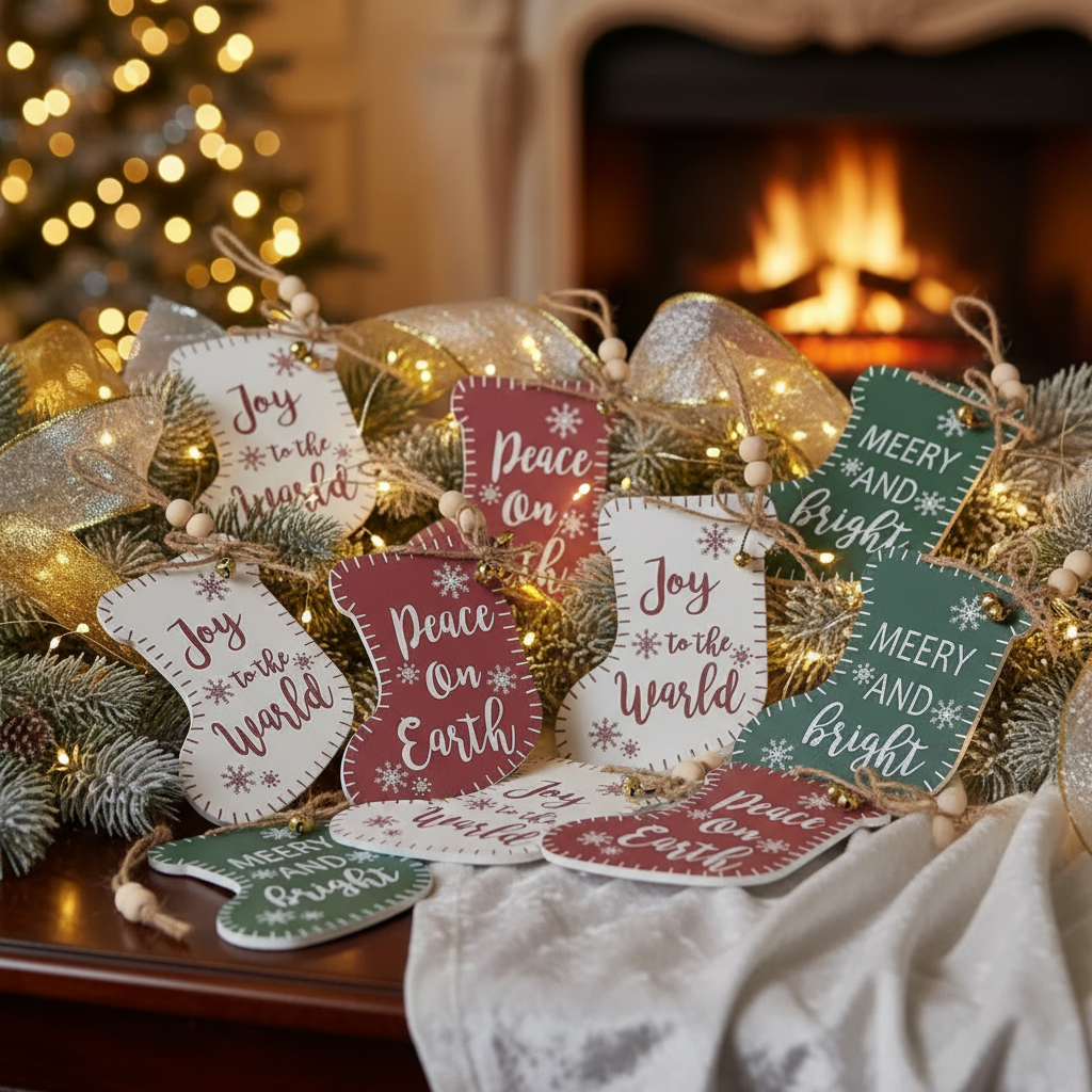 Flat Stocking Shape Christmas Ornament with Text Set of 12 – Holiday Tree Decoration