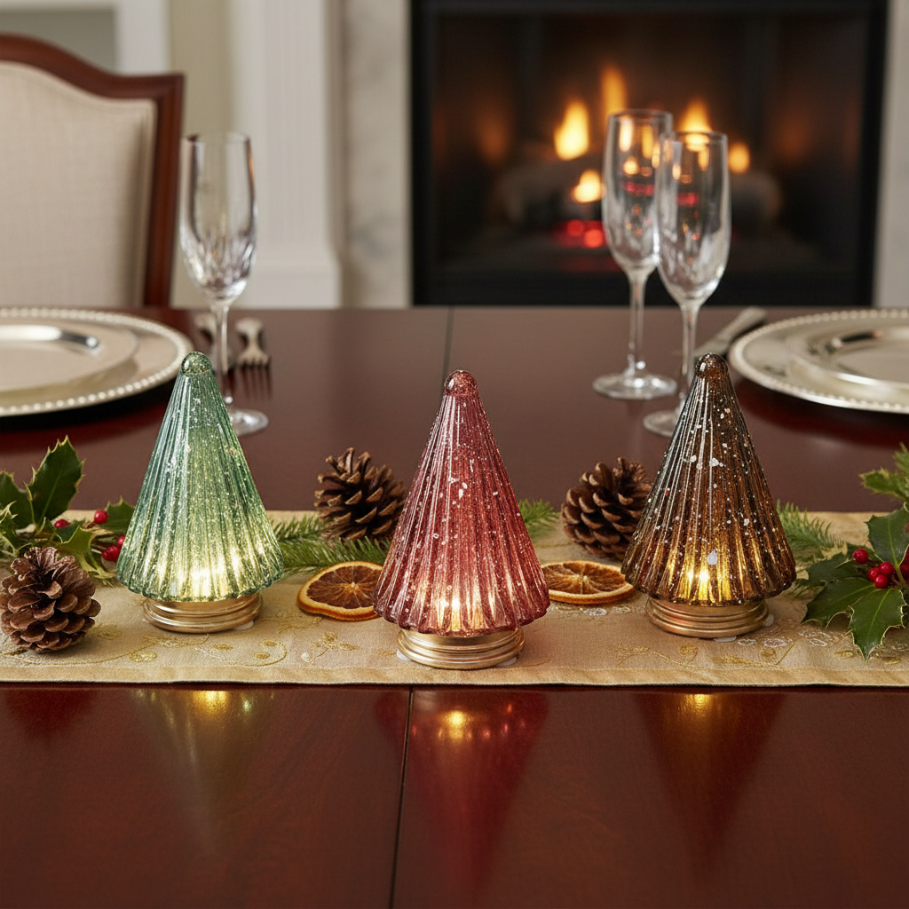 3.62" LED Glass Cone Tree Christmas Decor Set of 3 – Holiday Table Accent